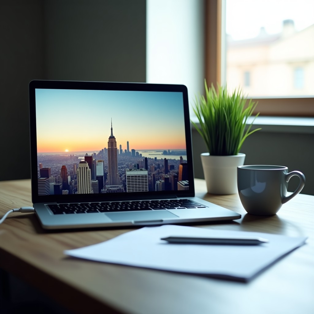 Marketing agencies Chicago: a modern office desk with a laptop displaying a city skyline wallpaper, a coffee cup, and a small