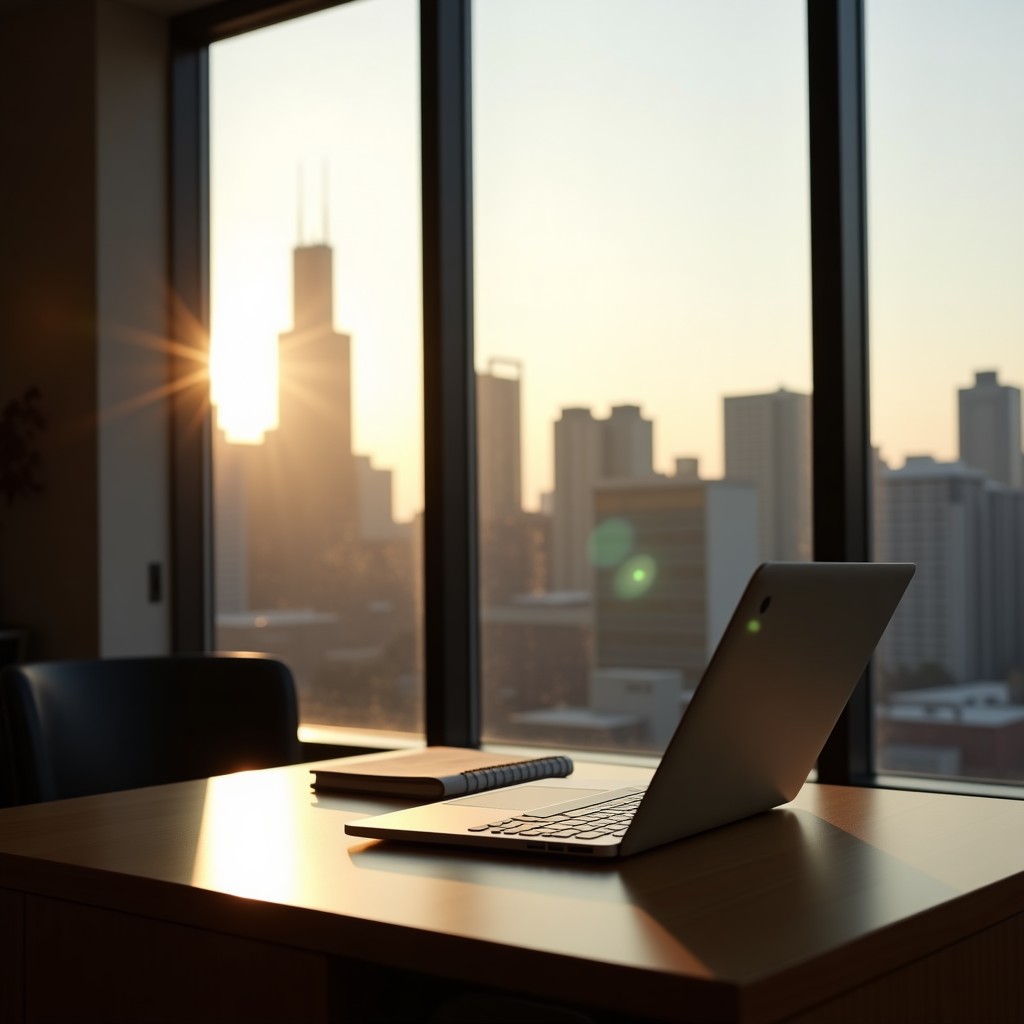 Chicago SEO services: late afternoon light streams through a large office window framing the Chicago skyline, with a sleek la