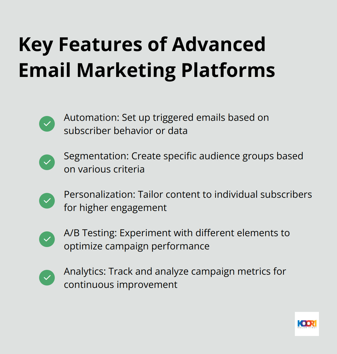 Checkmark list chart showing key features of advanced email marketing platforms: automation, segmentation, personalization, A/B testing, and analytics - digital marketing tools