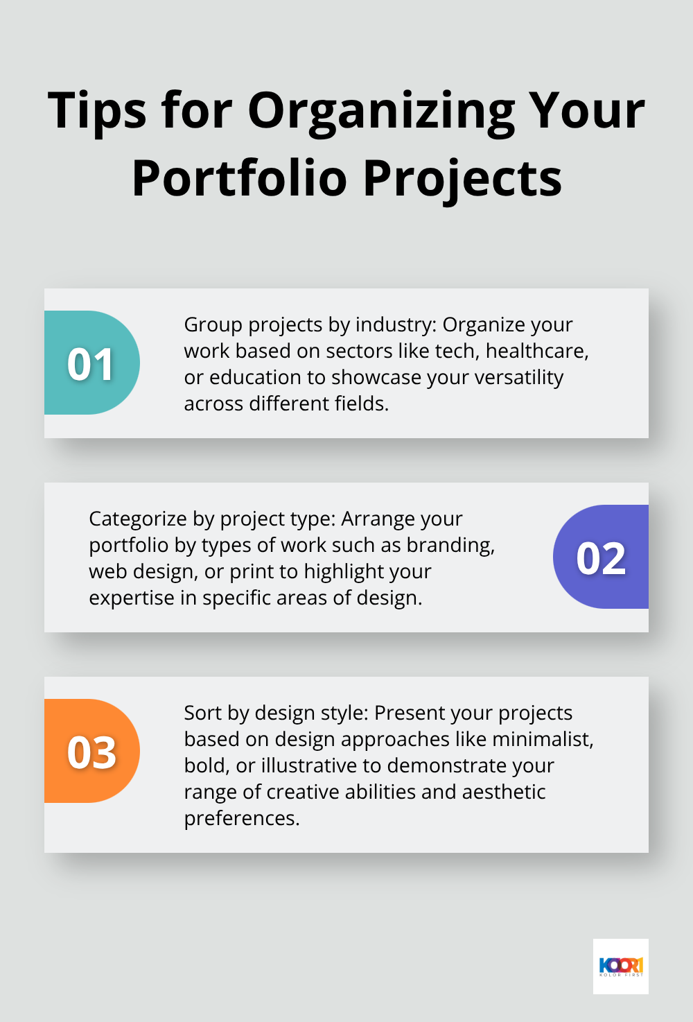 Ordered list chart showing three tips for organizing portfolio projects: Group by industry, project type, and design style - graphic and web design portfolio