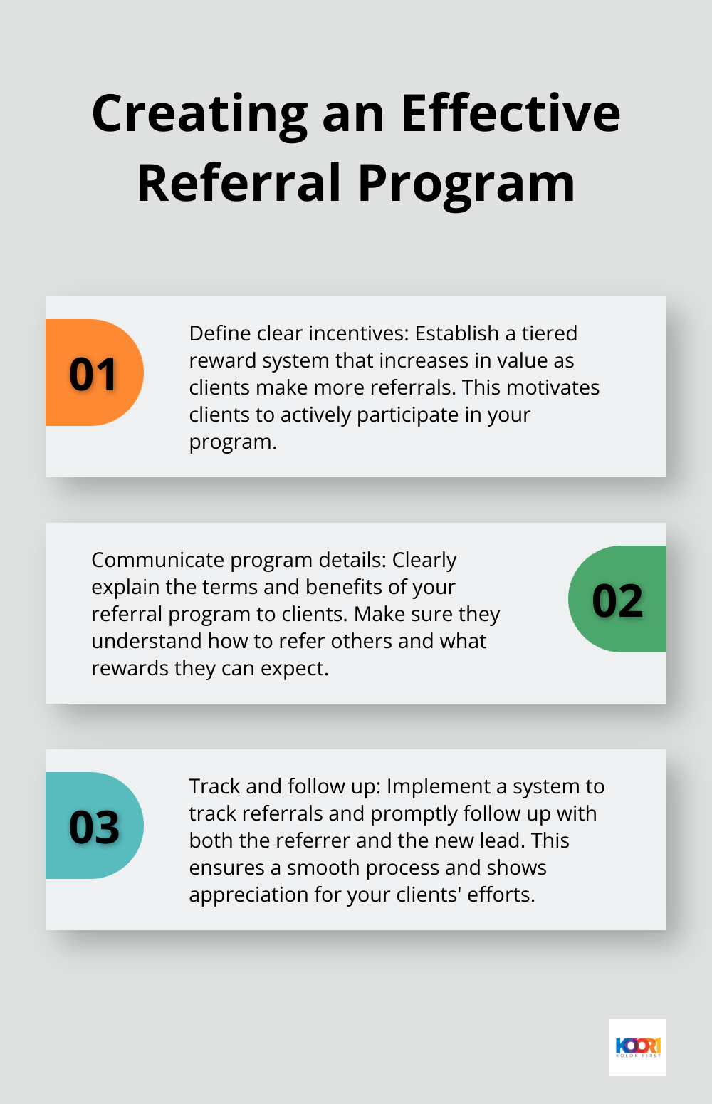 Ordered list chart showing three steps to create an effective referral program for a web design business