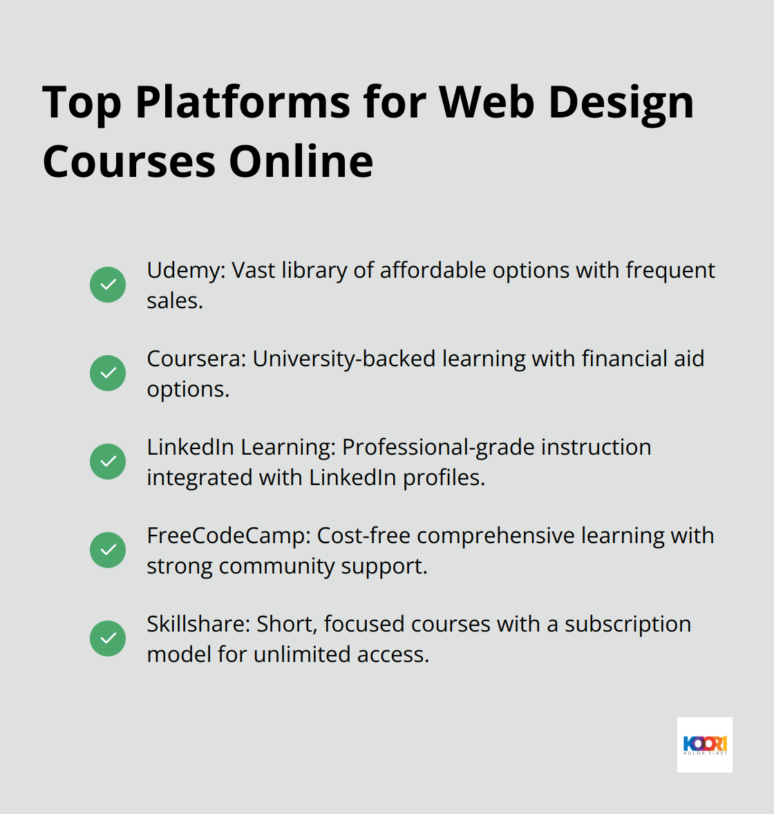 A compact list of five top platforms for finding web design courses online: Udemy, Coursera, LinkedIn Learning, FreeCodeCamp, and Skillshare. - web page design online courses