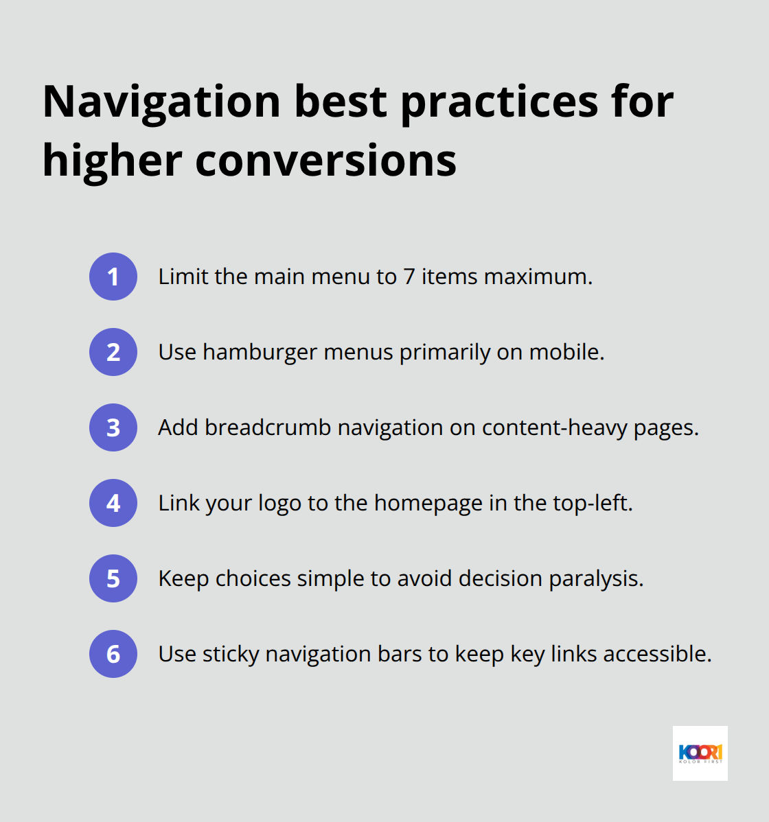 Compact checklist of website navigation practices that reduce friction and boost conversions - web page design and layout