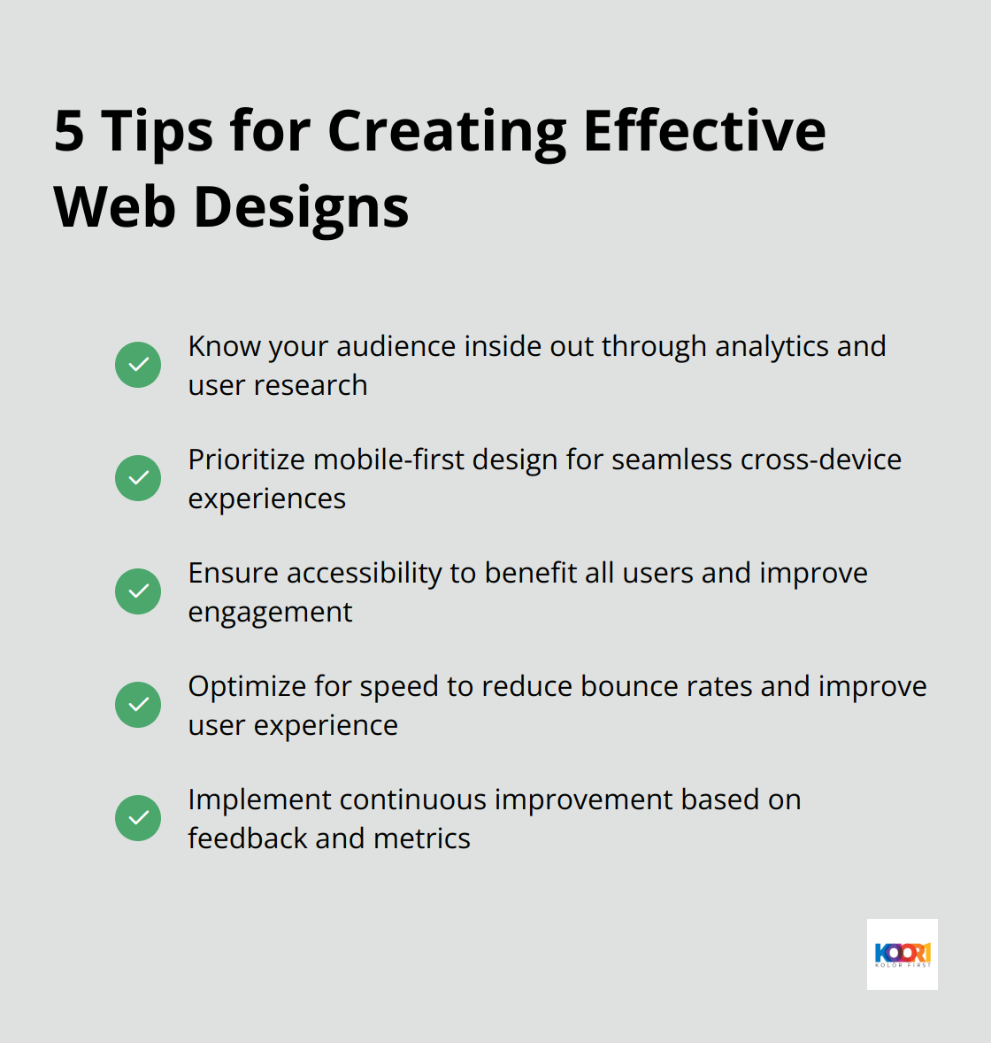 Checkmark list chart presenting 5 tips for creating effective web designs: Know your audience, Prioritize mobile-first design, Ensure accessibility, Optimize for speed, and Implement continuous improvement